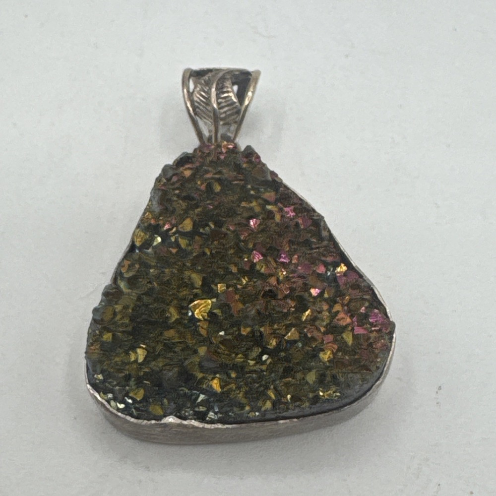 Sterling Silver Oil Slick Druzy Quartz Triangle Statement Necklace Pendant 14.6g